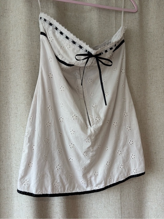West Of Melrose Dresses & Skirts - Strapless White Eyelet Mini Dress with Black Trim and Bow